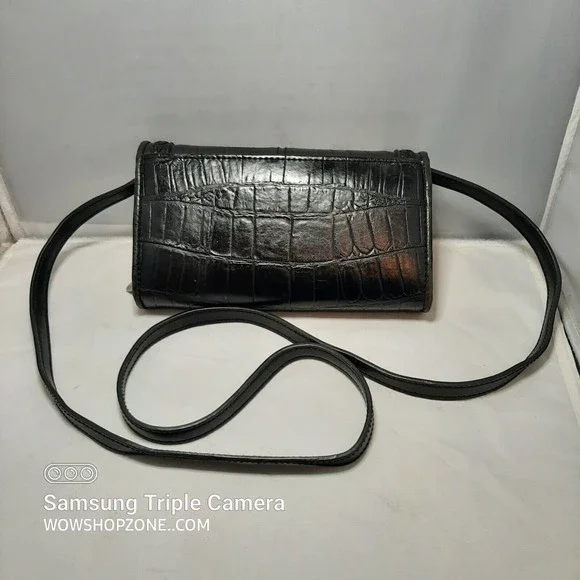 Bueno Black Crossbody Wallet Purse Shoulder Bag Tigers Eye Embossed Gator Croc - Picture 4 of 12